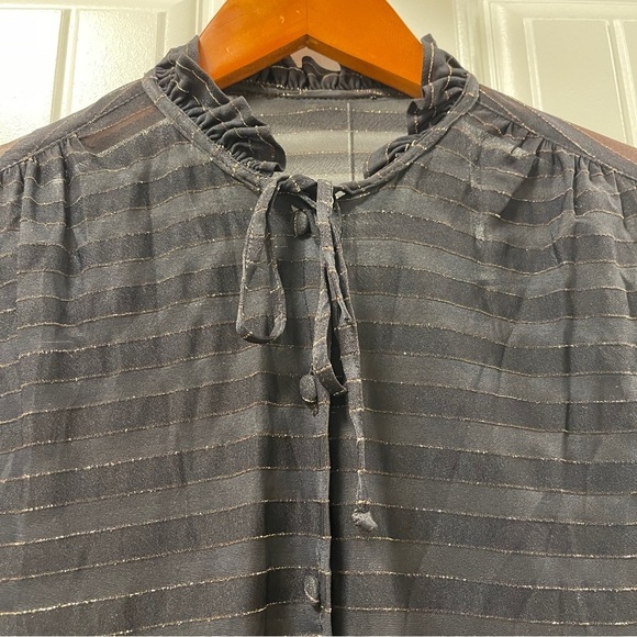 Vintage Italian Sheer Shimmer Button-Up Ribbon Blouse Black Gold - Picture 8 of 16